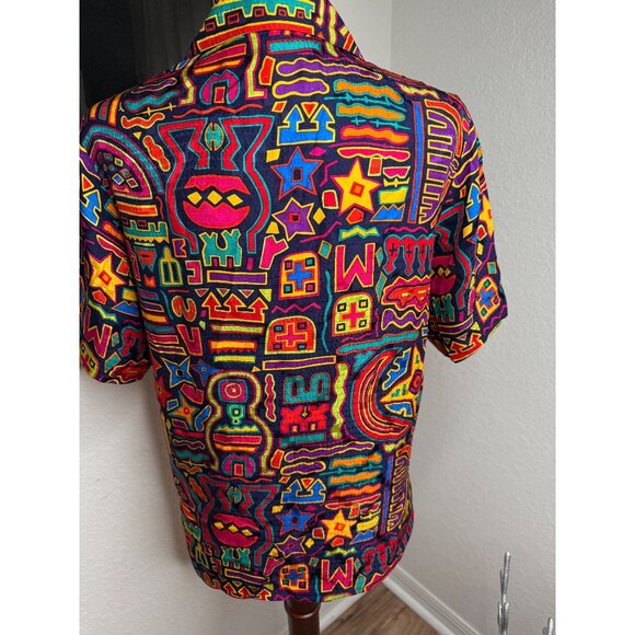 Vtg 80s Art to wear Ann Klein II 8 100% Silk Button-Up Shirt Abstract Retro - Picture 3 of 12